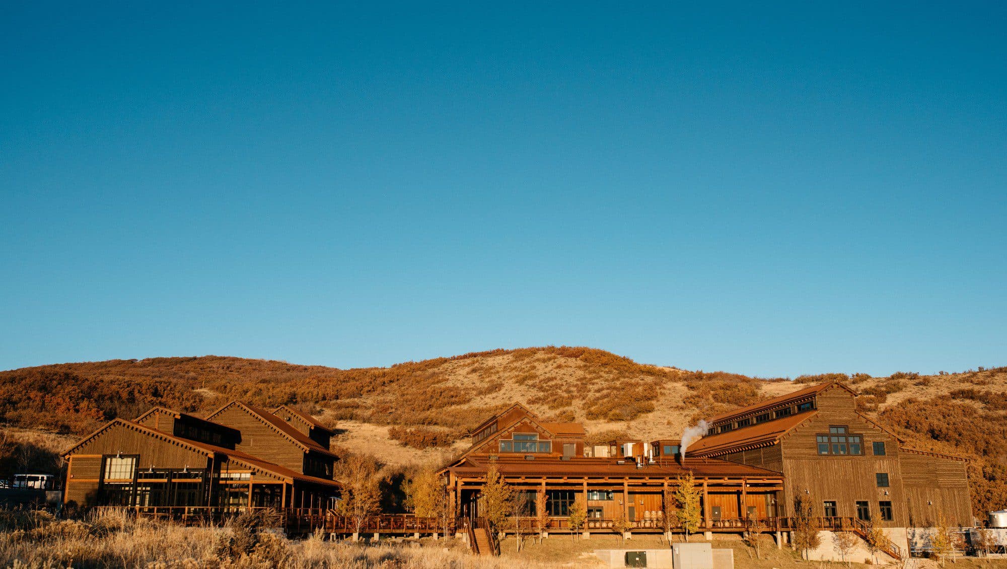 High West Distillery in Wanship, Utah at golden hour — our wedding venue